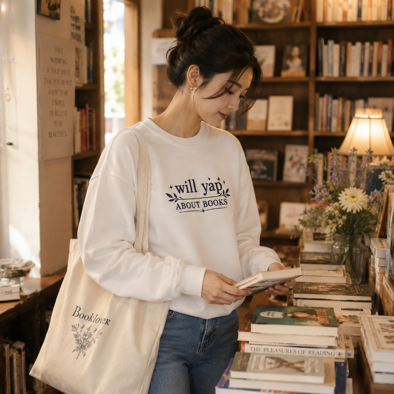 "Will Yap About Books" Cozy Reader Pullover — Crewneck Sweatshirt Gift