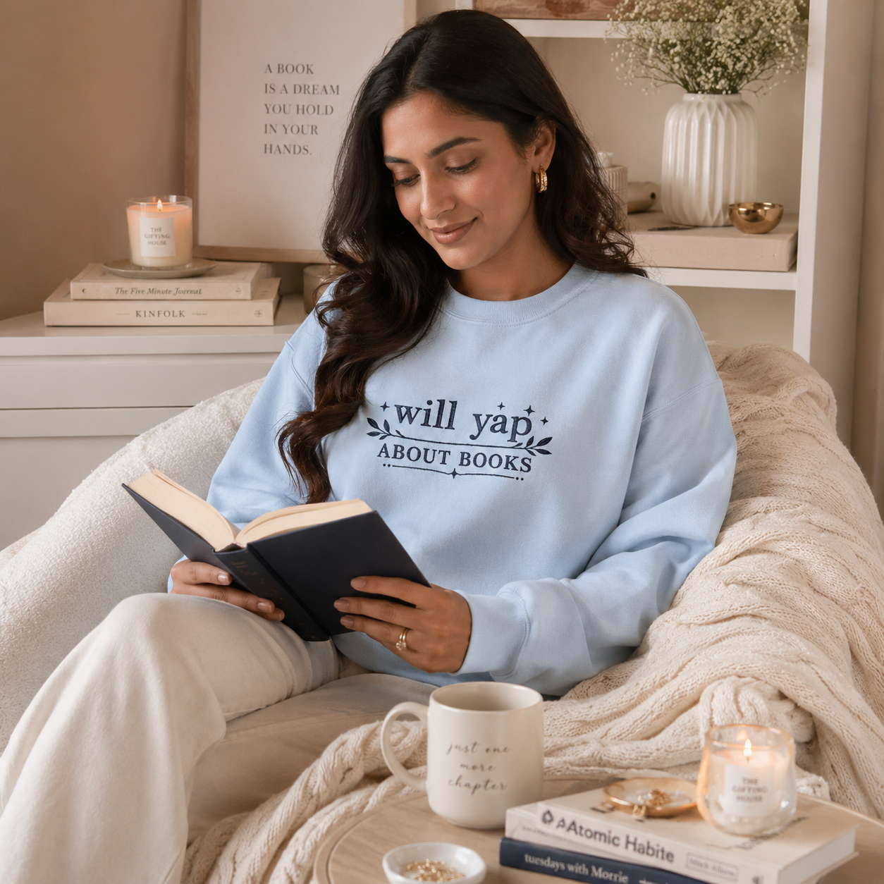 "Will Yap About Books" Cozy Reader Pullover — Crewneck Sweatshirt Gift
