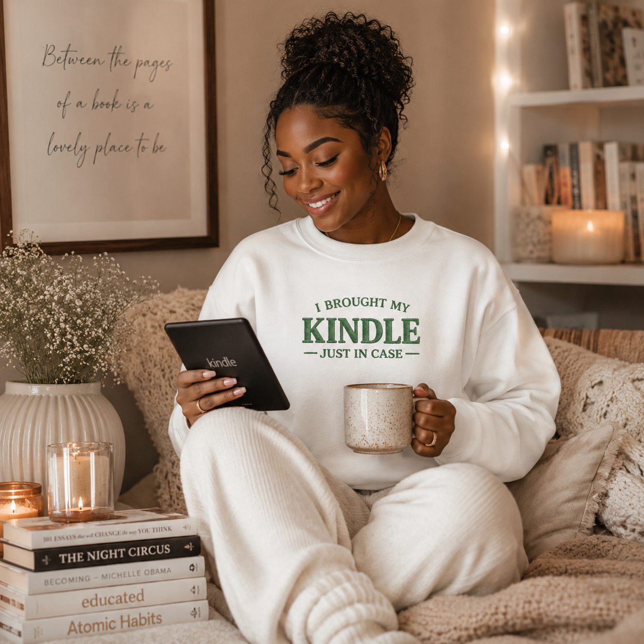 "I Brought My Kindle Just in Case" Cozy Reader Pullover – Crewneck Sweatshirt Gift