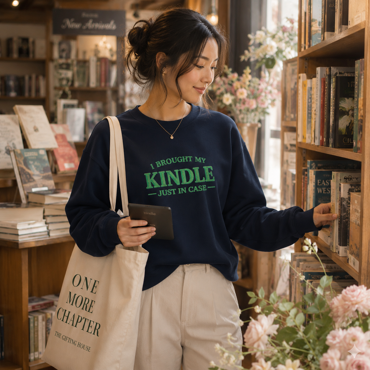 "I Brought My Kindle Just in Case" Cozy Reader Pullover – Crewneck Sweatshirt Gift