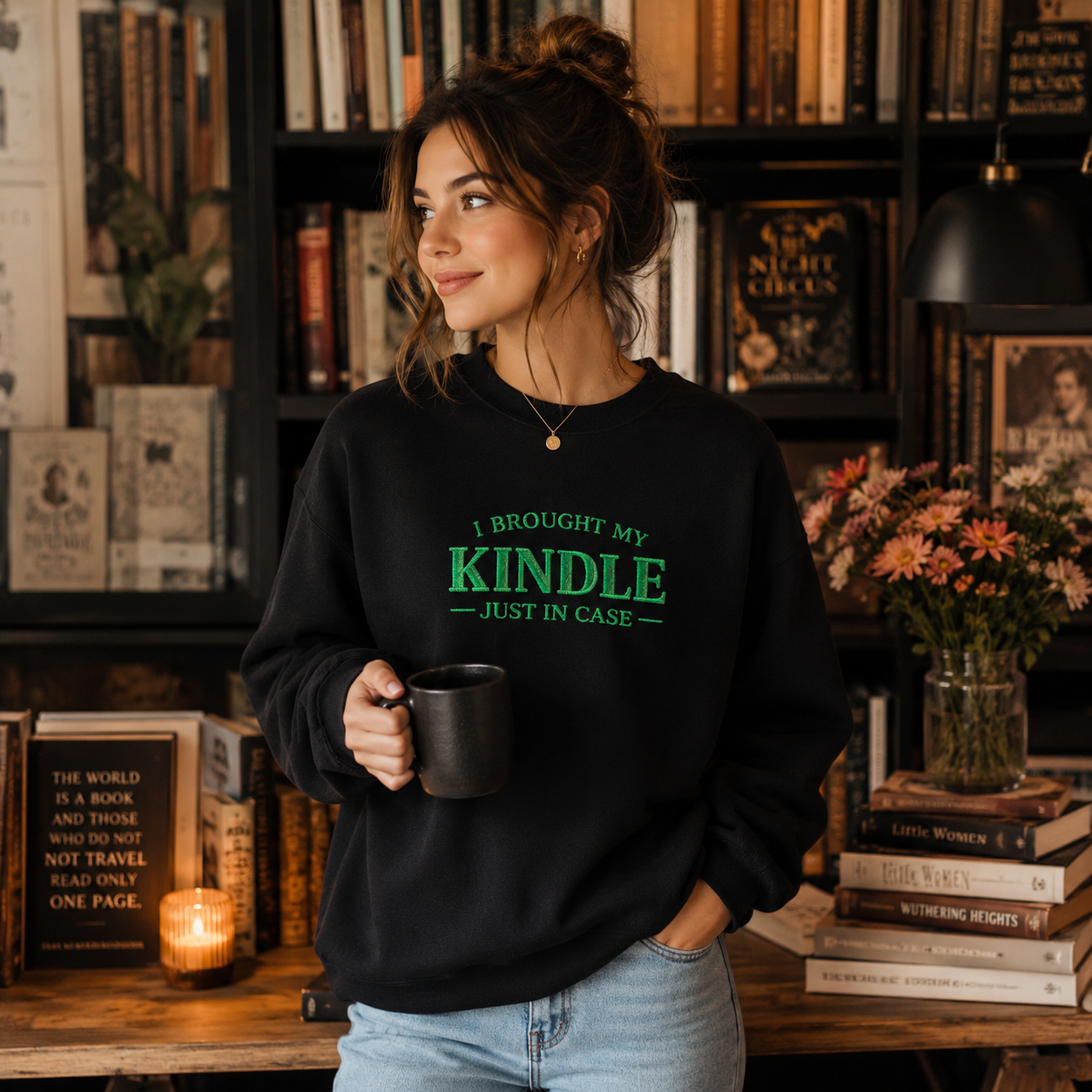 "I Brought My Kindle Just in Case" Cozy Reader Pullover – Crewneck Sweatshirt Gift