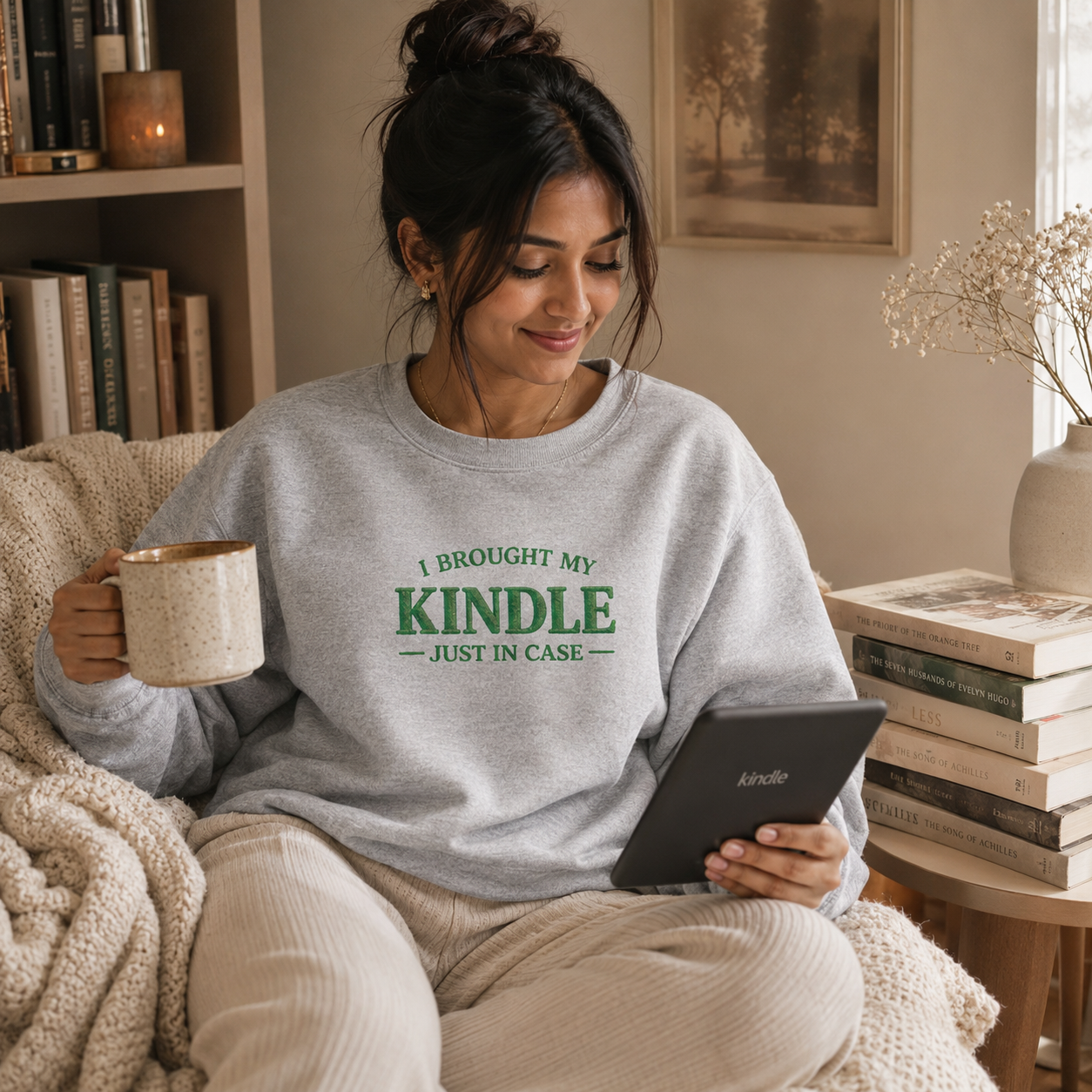 "I Brought My Kindle Just in Case" Cozy Reader Pullover – Crewneck Sweatshirt Gift
