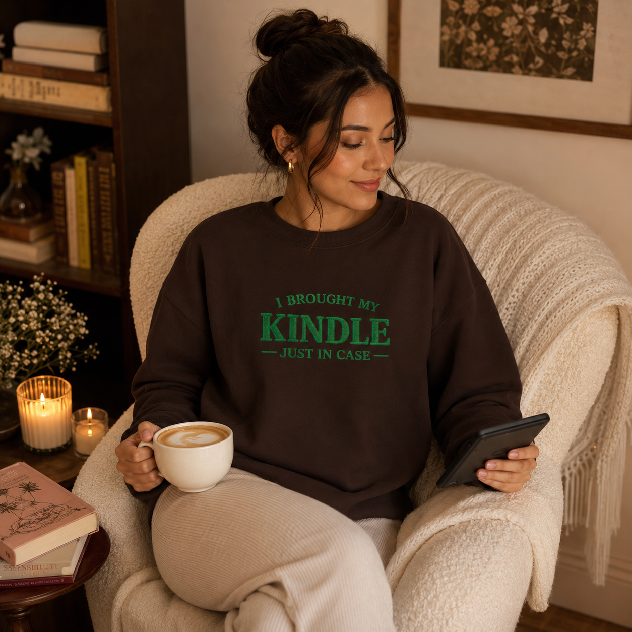 "I Brought My Kindle Just in Case" Cozy Reader Pullover – Crewneck Sweatshirt Gift